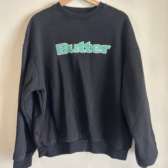 Butter Goods Crewneck Black Sweatshirt Blue Letters SZ L Skater Streatwear - Picture 1 of 8